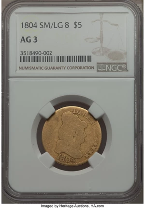 image for: 1804 $5 Small Over Large 8, BD-7, R.4, AG3 NGC....