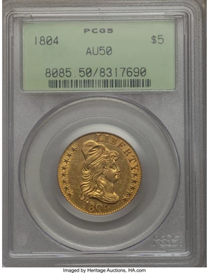 image for: 1804 $5 Small Over Large 8, BD-7, R.4, AU50 PCGS....