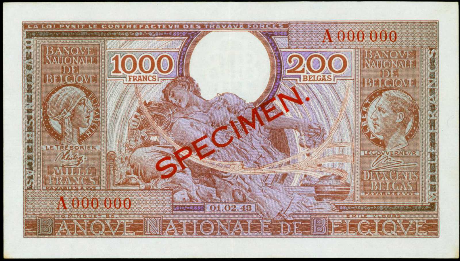 image for: Belgium  1,000 francs = 200 belgas (B573as1)
