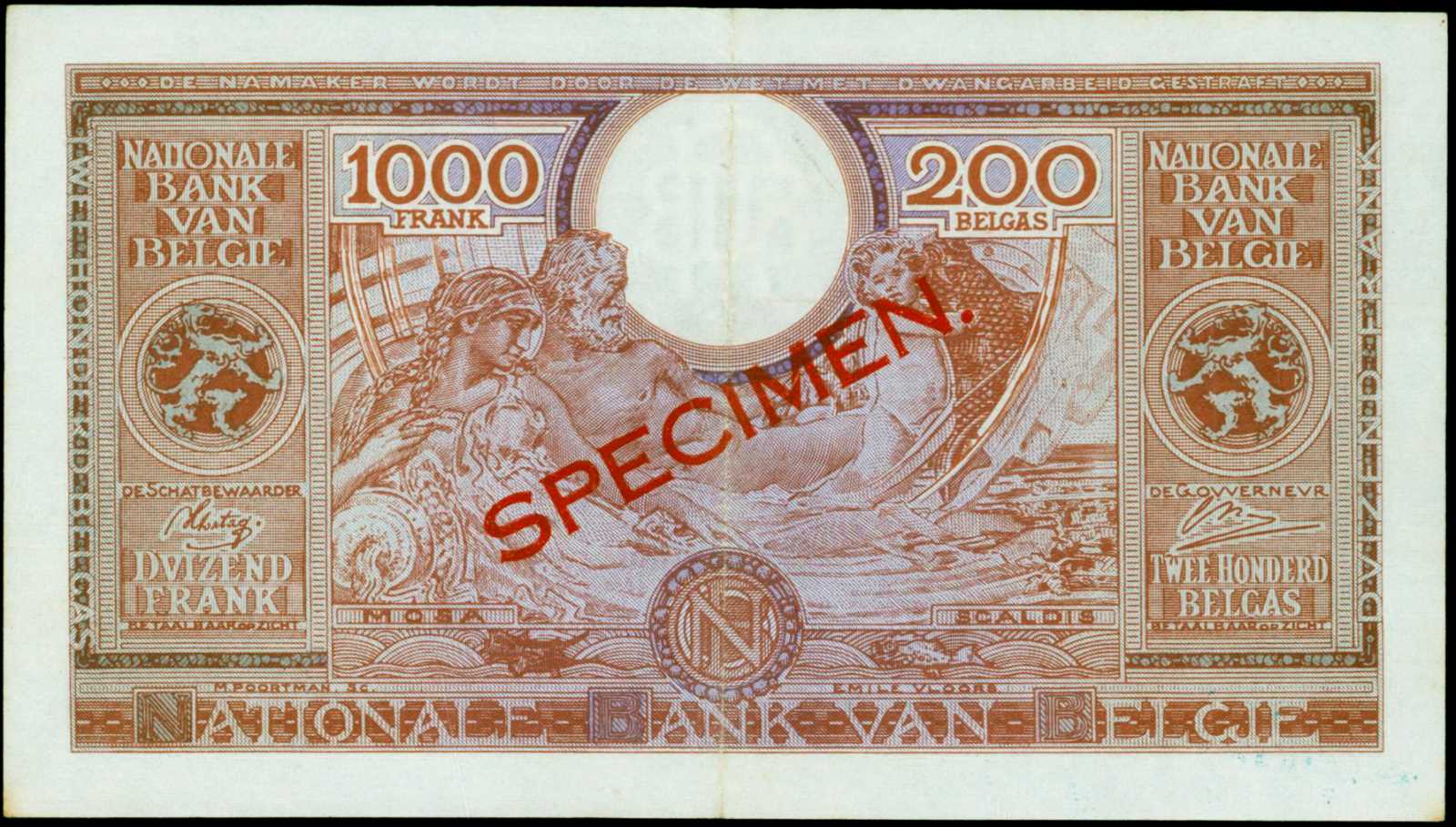 image for: Belgium  1,000 francs = 200 belgas (B573a)