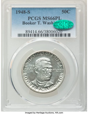 image for: 1948-S 50C Booker T. Washington MS66 Prooflike PCGS. CAC. PCGS Population: (1/0). NGC Census: (2/2). Mintage 8,005. ...