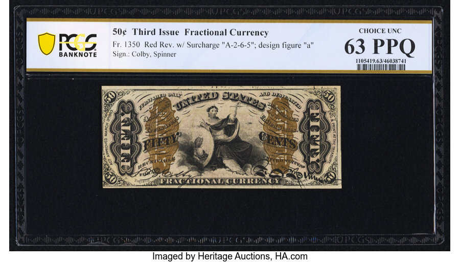 image for: Fr. 1350 50¢ Third Issue Justice PCGS Banknote Choice Unc 63 PPQ....