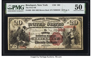 image for: Brockport, NY - $20 1882 Brown Back Fr. 493 The First National Bank Ch. # 382 PMG About Uncirculated 50....