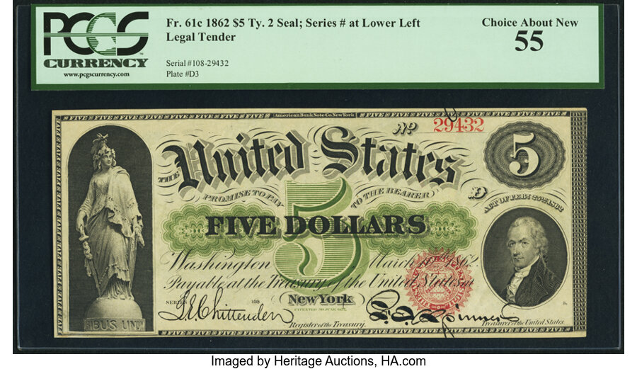image for: Fr. 61c $5 1862 Legal Tender PCGS Choice About New 55....