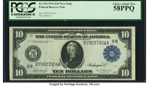 image for: Fr. 910 $10 1914 Federal Reserve Note PCGS Choice About New 58PPQ....