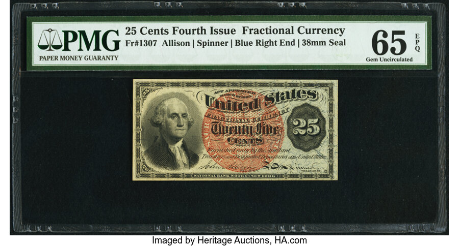 image for: Fr. 1307 25¢ Fourth Issue PMG Gem Uncirculated 65 EPQ....