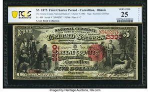 image for: Carrollton, IL - $5 1875 Fr. 404 The Greene County National Bank Ch. # 2390 PCGS Banknote Very Fine 25 Details....