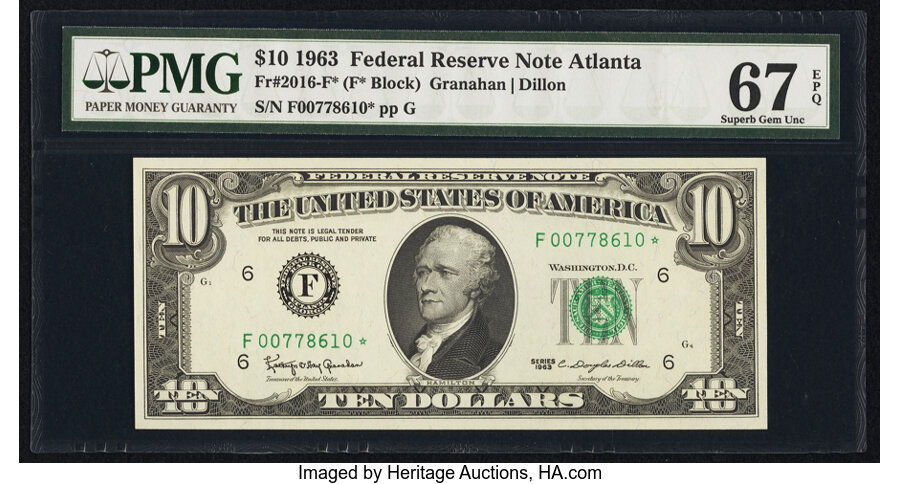 image for: Fr. 2016-F* $10 1963 Federal Reserve Star Note. PMG Superb Gem Unc 67 EPQ....