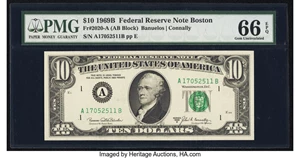image for: Fr. 2020-A $10 1969B Federal Reserve Note. PMG Gem Uncirculated 66 EPQ....