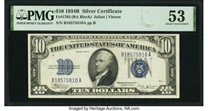 image for: Fr. 1703 $10 1934B Silver Certificate. PMG About Uncirculated 53....
