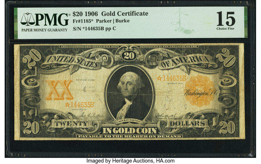image for: Fr. 1185* $20 1906 Gold Certificate Star PMG Choice Fine 15....