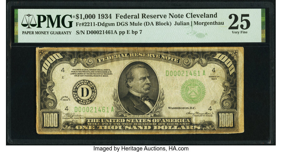image for: Fr. 2211-D $1,000 1934 Mule Federal Reserve Note. PMG Very Fine 25....