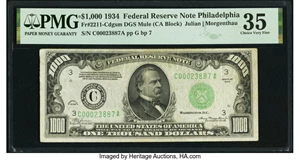 image for: Fr. 2211-C $1,000 1934 Mule Federal Reserve Note. PMG Choice Very Fine 35....