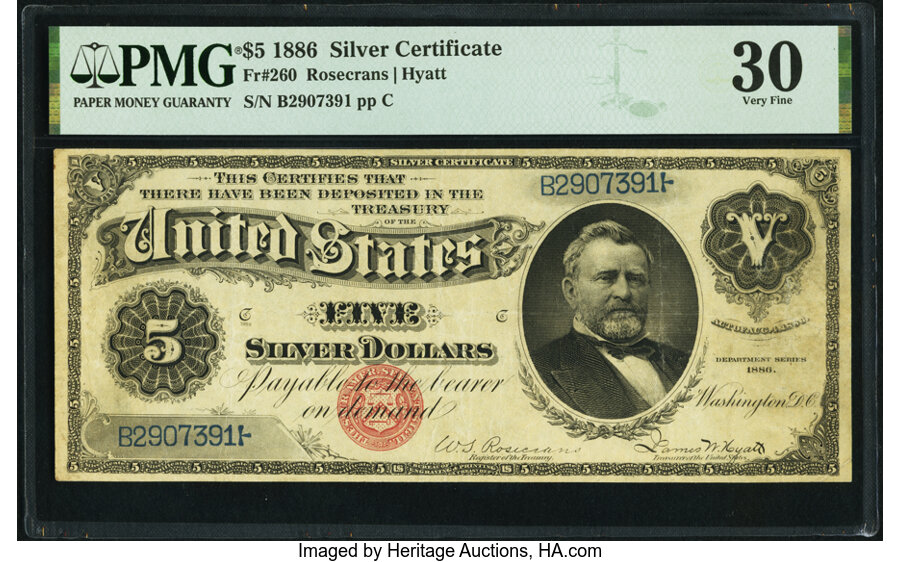 image for: Fr. 260 $5 1886 Silver Certificate PMG Very Fine 30....