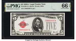 image for: Fr. 1526 $5 1928A Legal Tender Note. PMG Gem Uncirculated 66 EPQ....
