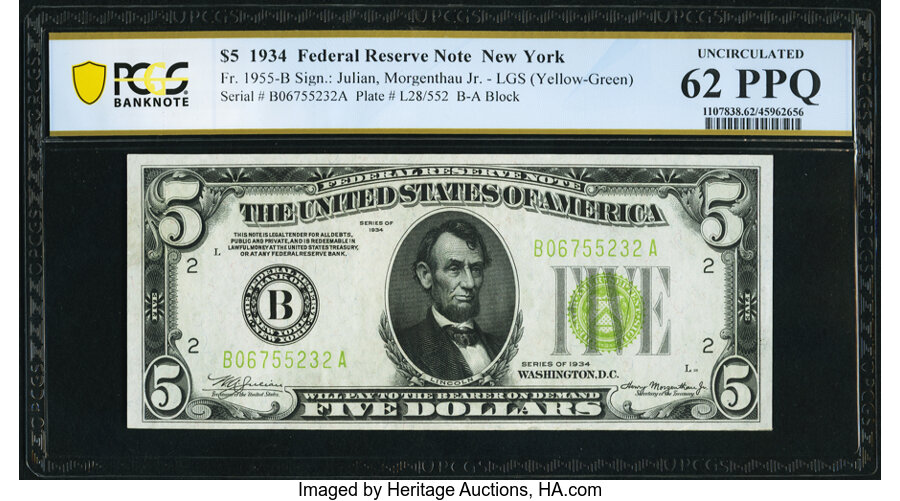 image for: Fr. 1955-B $5 1934 Federal Reserve Note. PCGS Banknote Uncirculated 62 PPQ....