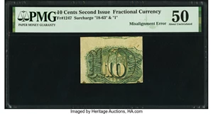 image for: Misaligned Back Printing Error Fr. 1247 10¢ Second Issue PMG About Uncirculated 50....
