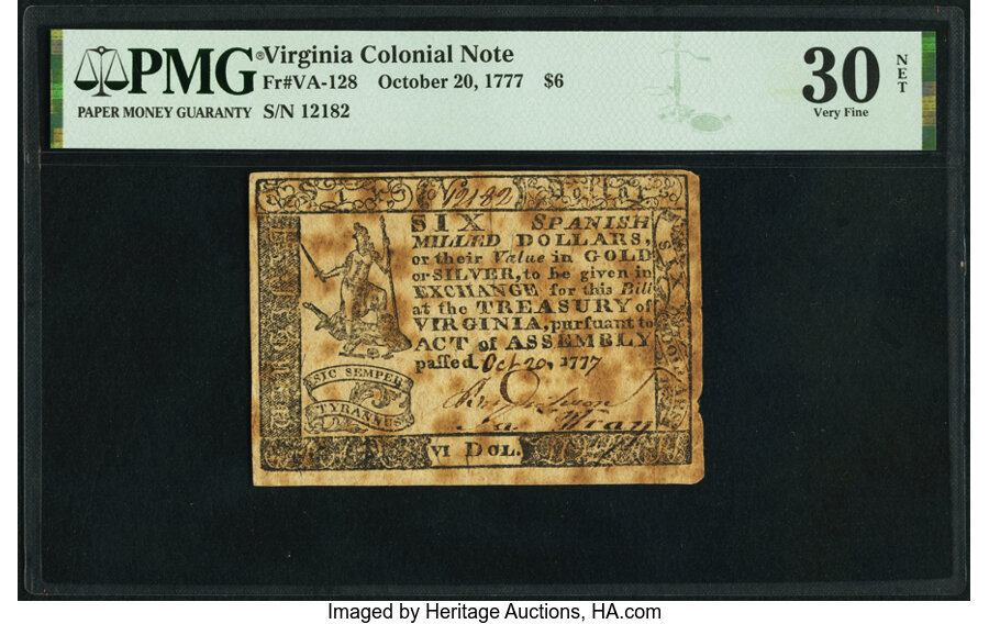 image for: Virginia October 20, 1777 $6 PMG Very Fine 30 Net....