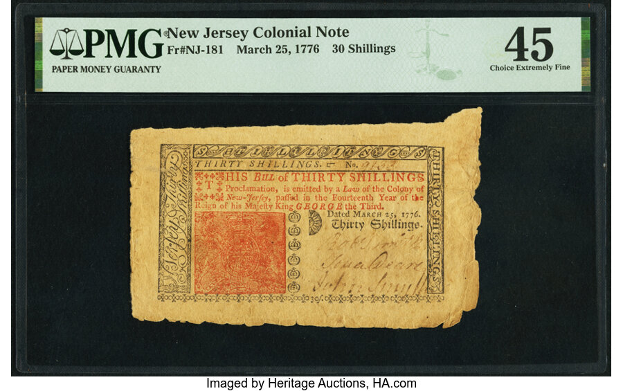image for: New Jersey March 25, 1776 30s PMG Choice Extremely Fine 45....