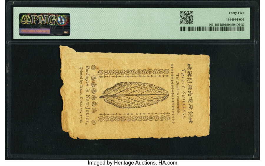 image for: New Jersey March 25, 1776 30s PMG Choice Extremely Fine 45....