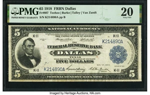 image for: Fr. 807 $5 1918 Federal Reserve Bank Note PMG Very Fine 20....