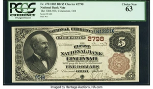 image for: Cincinnati, OH - $5 1882 Brown Back Fr. 470 The Fifth National Bank Ch. # 2798 PCGS Choice New 63....