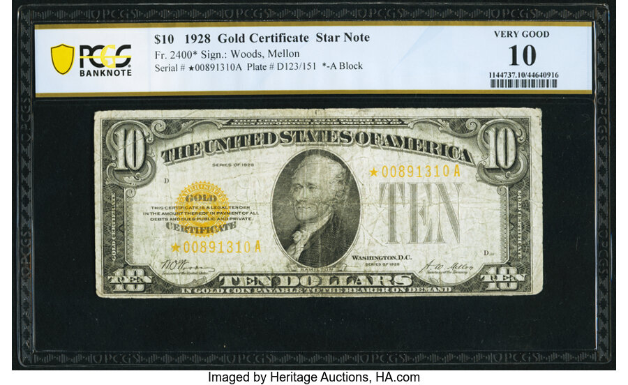 image for: Fr. 2400* $10 1928 Gold Certificate Star. PCGS Banknote Very Good 10....
