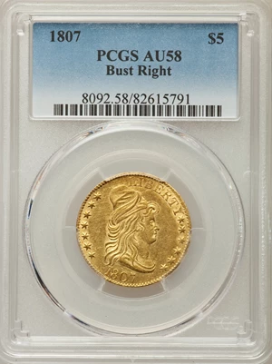 image for: 1807 $5 Bust Right, BD-6, High R.4, AU58 PCGS....