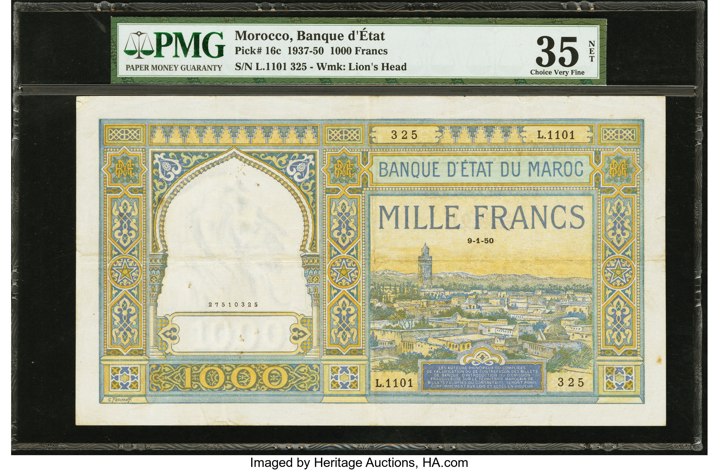 image for: Morocco  1,000 francs	VG	VF	XF(B216e)