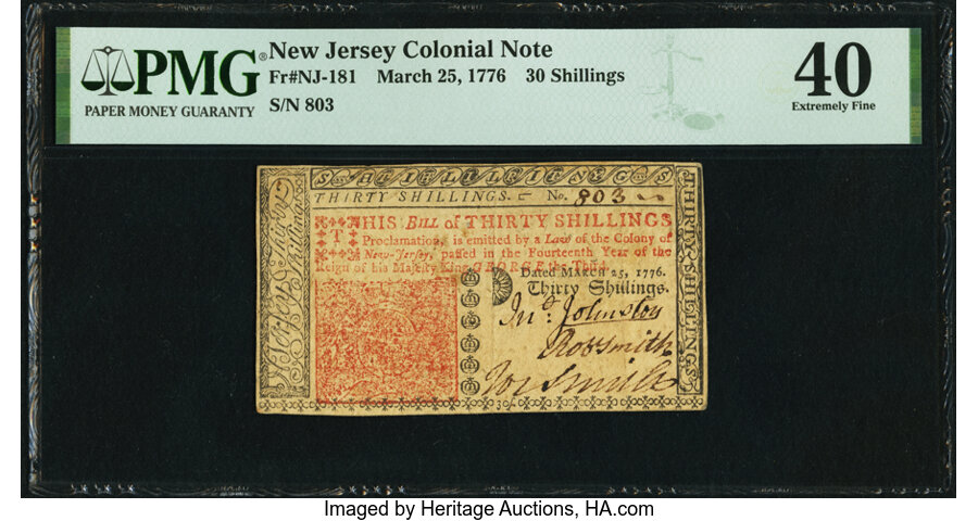 image for: New Jersey March 25, 1776 30s PMG Extremely Fine 40....