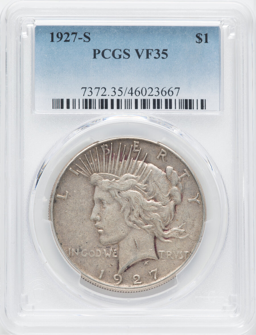 1927-S $1 VF35 PCGS. PCGS Population: (19/6796). NGC Census: (9/4532). CDN: $43 Whsle. Bid for NGC/PCGS VF35. Mintage 866,0...