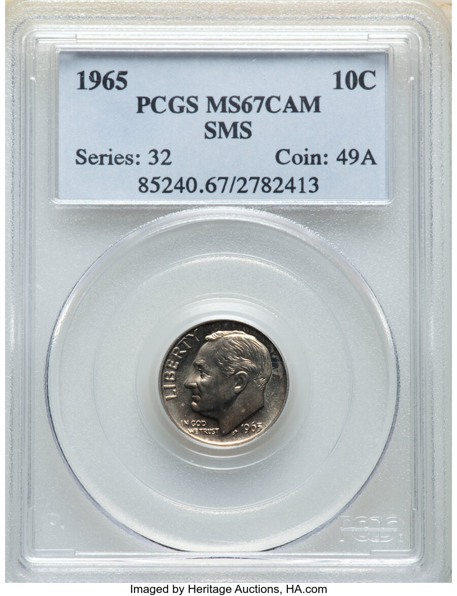 image for: 1965 10C SMS MS67 Cameo PCGS. PCGS Population: (83/14). NGC Census: (120/35). CDN: $125 Whsle. Bid for NGC/PCGS MS67. ...