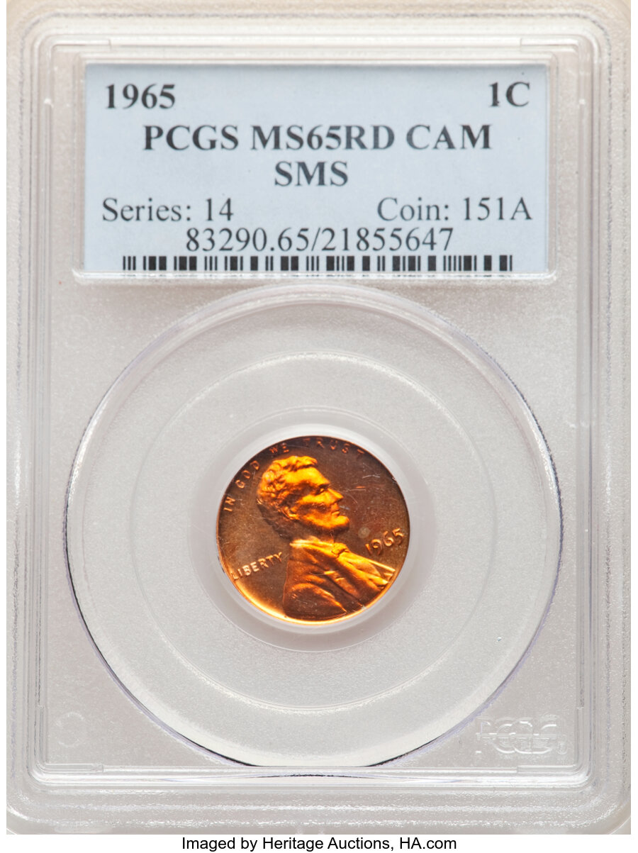 image for: 1965 1C SMS MS65 Red Cameo PCGS. PCGS Population: (44/24). NGC Census: (26/54). CDN: $180 Whsle. Bid for NGC/PCGS MS65....