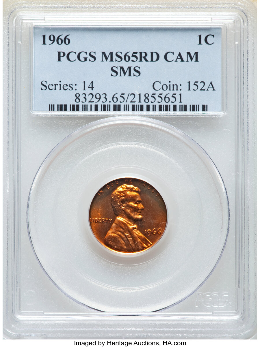 image for: 1966 1C SMS MS65 Red Cameo PCGS. PCGS Population: (29/87). NGC Census: (15/86). CDN: $175 Whsle. Bid for NGC/PCGS MS65....