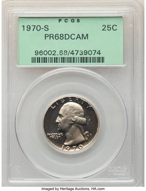 image for: 1970-S 25C PR68 Deep Cameo PCGS. PCGS Population: (99/59). NGC Census: (28/39). PR68. ...