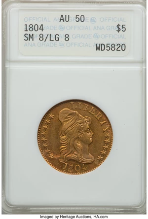 image for: 1804 $5 Small Over Large 8, BD-7, R.4, AU50 ANACS....