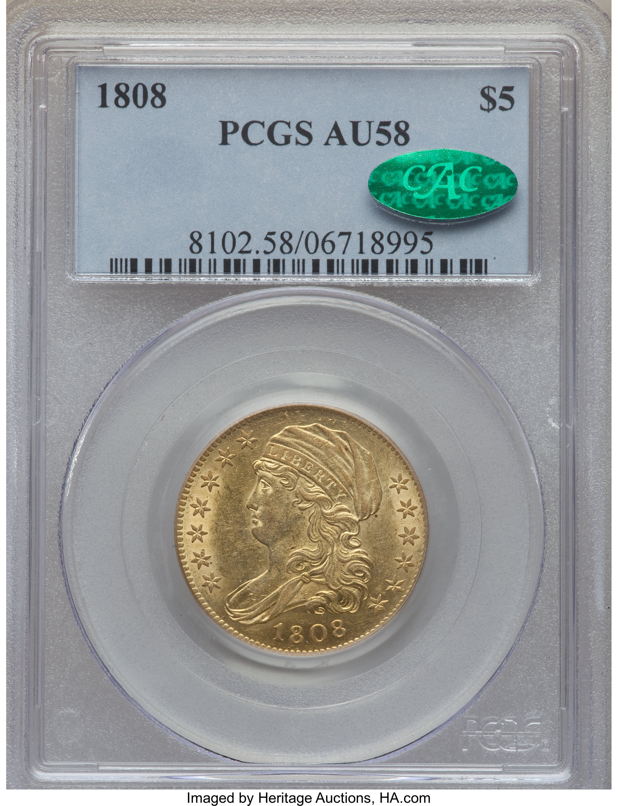 image for: 1808 $5 Wide 5D, BD-4, High R.3, AU58 PCGS. CAC....