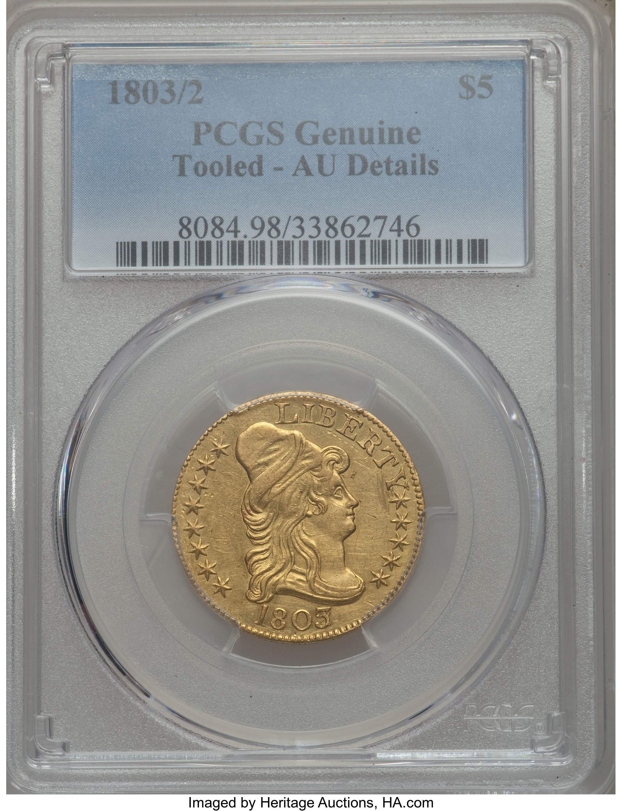 image for: 1803/2 $5 BD-1, R.4 -- Tooled -- PCGS Genuine. AU Details....