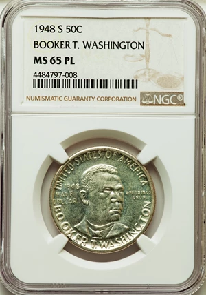 image for: 1948-S 50C Booker T. Washington MS65 Prooflike NGC. NGC Census: (0/0). PCGS Population: (0/0). Mintage 8,005. ...