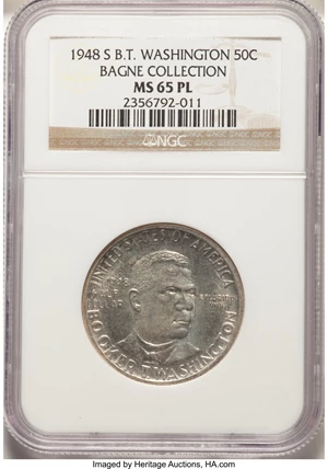 image for: 1948-S 50C Booker T. Washington MS65 Prooflike NGC. NGC Census: (13/6). PCGS Population: (0/0). Mintage 8,005....