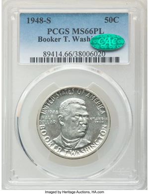 image for: 1948-S 50C Booker T. Washington MS66 Prooflike PCGS. CAC. PCGS Population: (1/0). NGC Census: (3/2). Mintage 8,005. ...