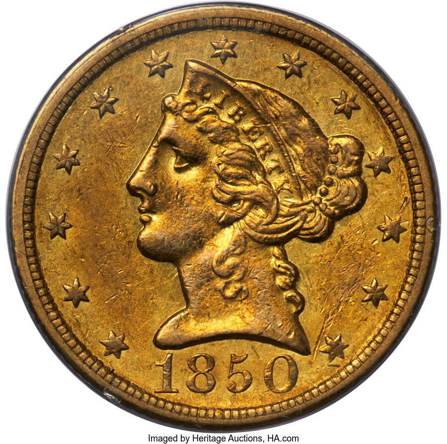 image for: 1850-C $5 AU50 PCGS. Variety 4. A Weak C mintmark variety, although still showing a clear C by outline. Moderate luster rem...