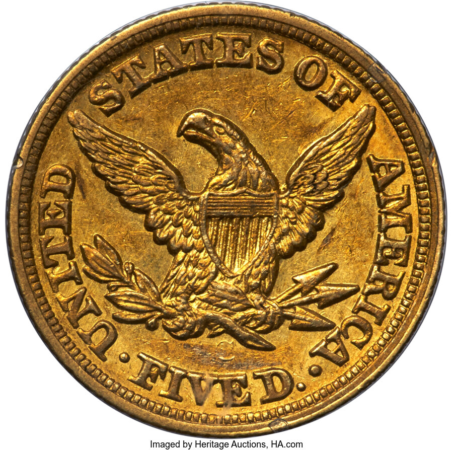 image for: 1850-C $5 AU50 PCGS. Variety 4. A Weak C mintmark variety, although still showing a clear C by outline. Moderate luster rem...