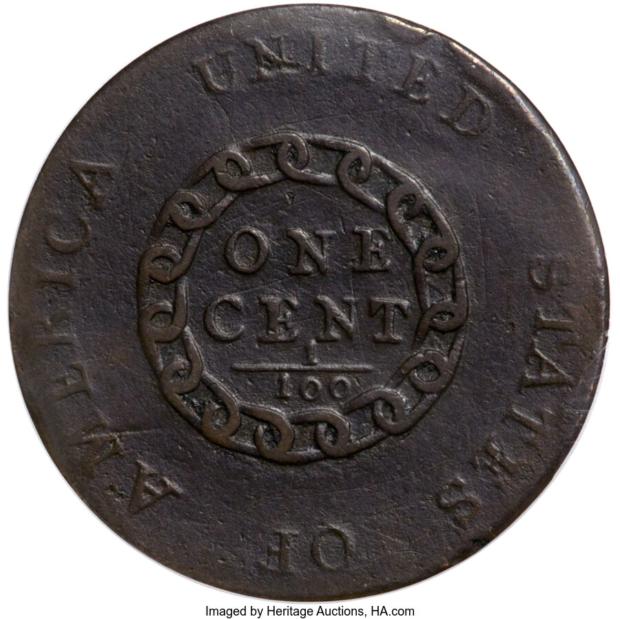 image for: 1793 1C Chain, AMERICA, S-3, B-4, Low R.3, VF20 PCGS. Breen Die State III. Heavily clashed around Liberty's neck and mouth,...