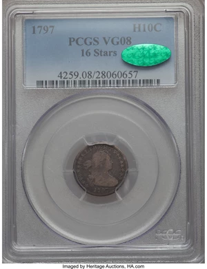 image for: 1797 H10C 16 Stars, V-4, LM-2, R.4, VG8 PCGS. CAC....