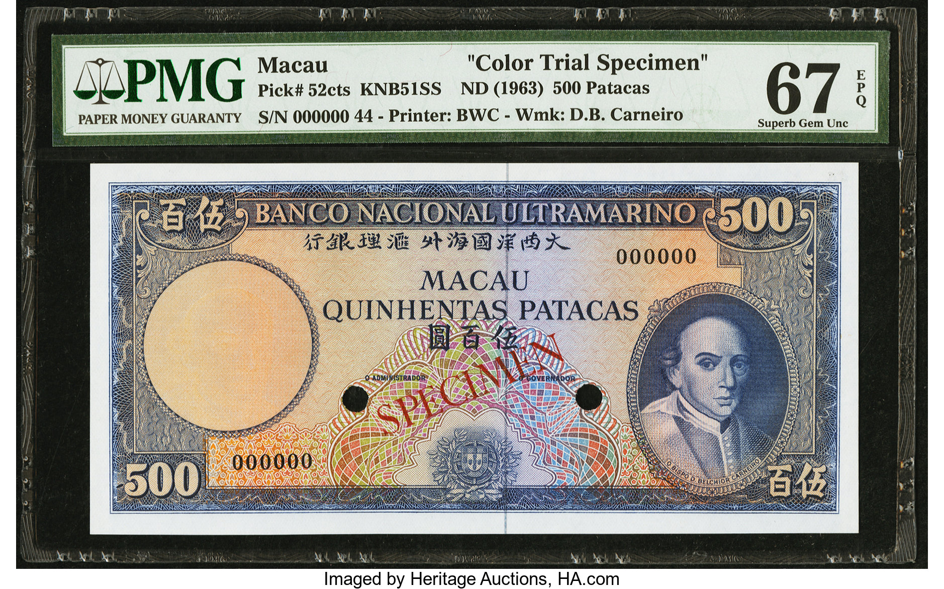 Horizontal SPECIMEN perf; s/n range Banco Nacional Ultramarino 