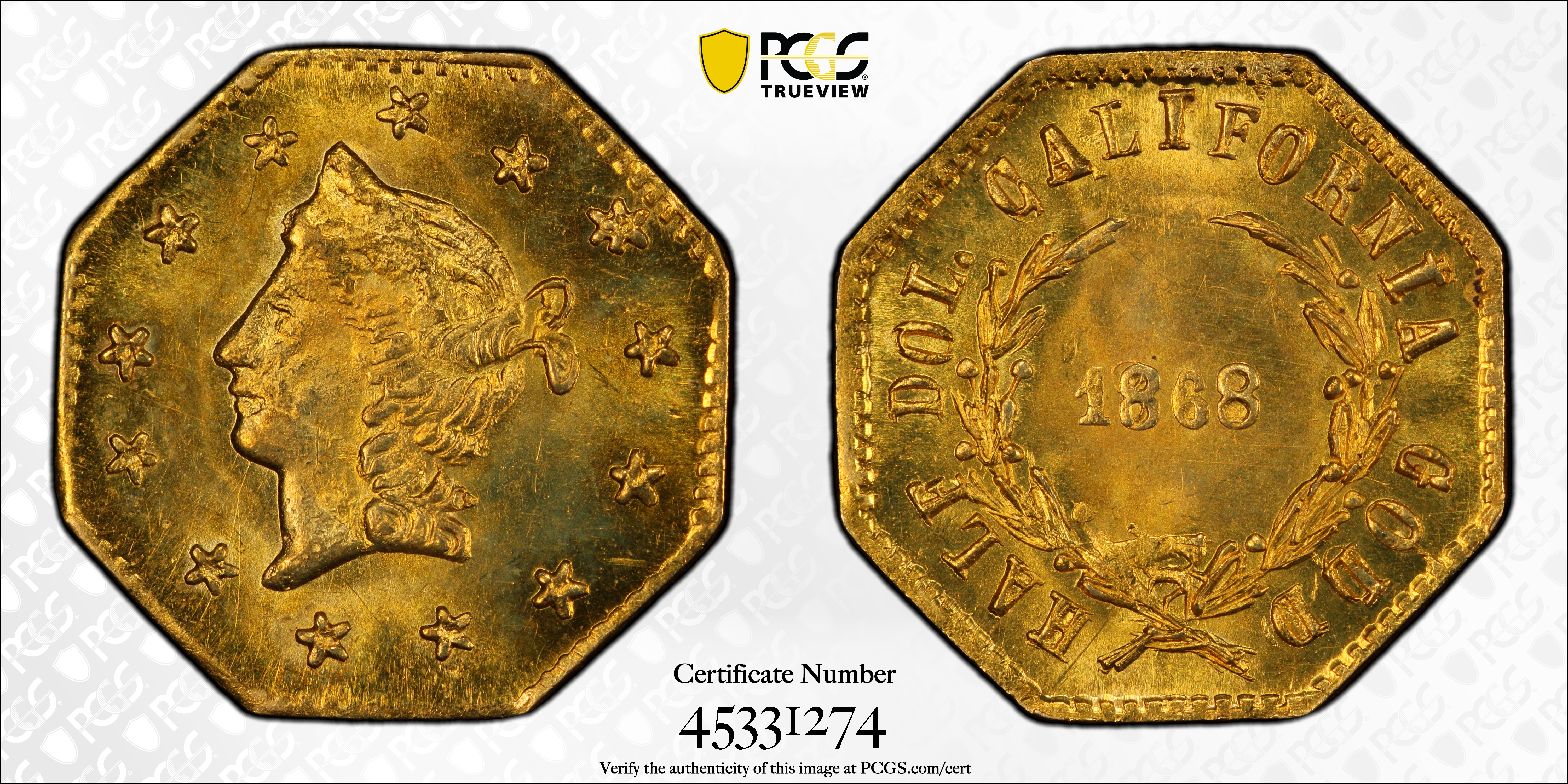 image for: 1868 Octagonal 50 Cents. BG-1303. Rarity-4. Liberty Head. MS-64 (PCGS).