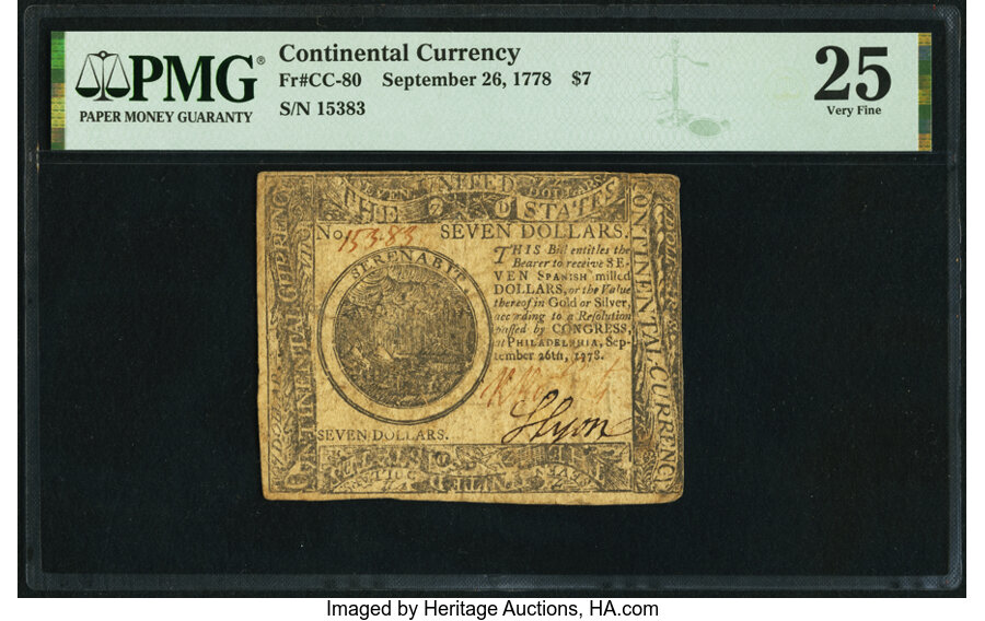 image for: Continental Currency September 26, 1778 $7 PMG Very Fine 25....
