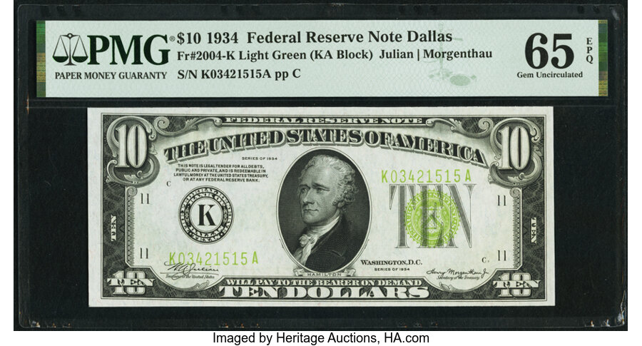 image for: Fr. 2004-K $10 1934 Federal Reserve Note. PMG Gem Uncirculated 65 EPQ....