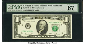 image for: Fr. 2018-E* $10 1969 Federal Reserve Star Note. PMG Superb Gem Unc 67 EPQ....